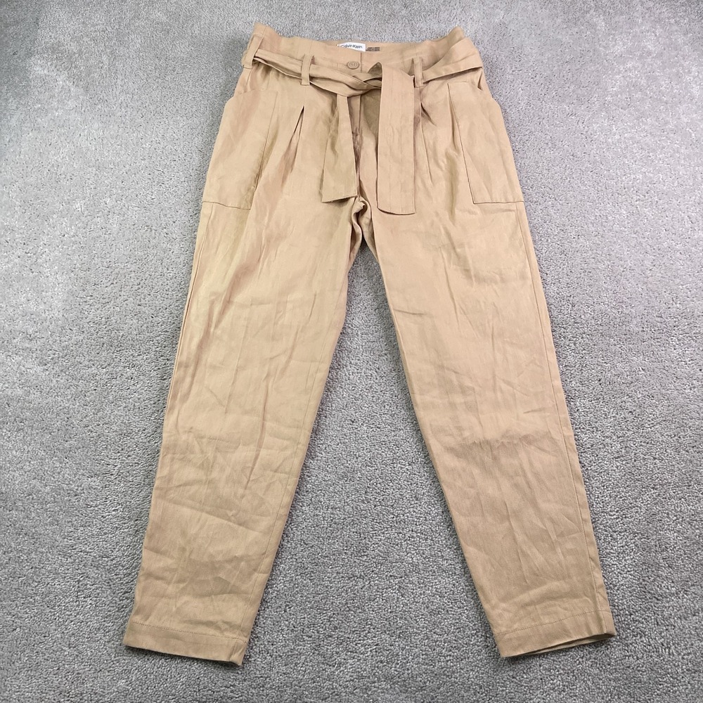 Calvin Klein Pants‎ Womens 2 Tan Khaki Linen Blend Tapered Waist Tie High Rise